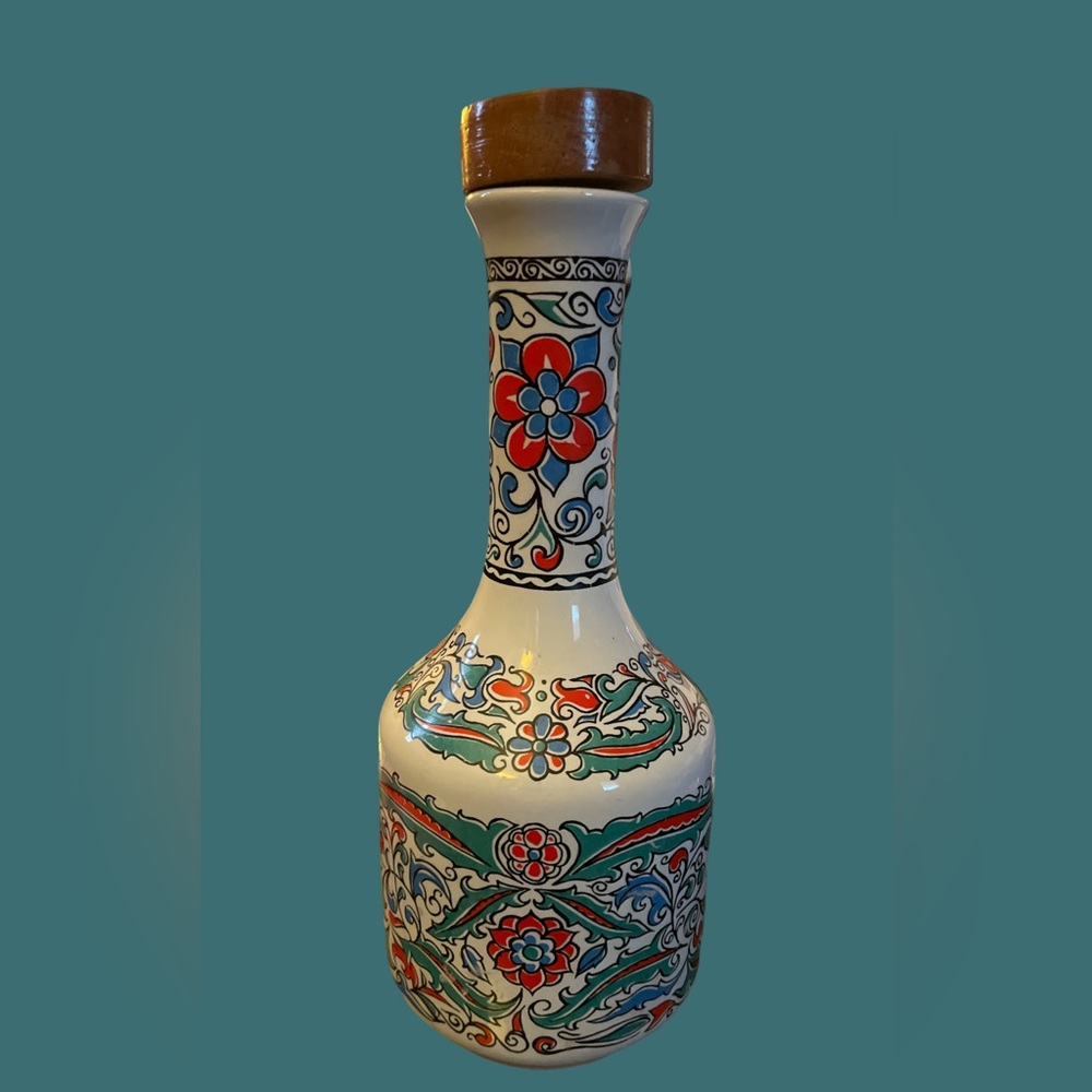 METAXA Liquor Empty Multicolor Floral Bottle Wooden Cork Stopper Made In Greece